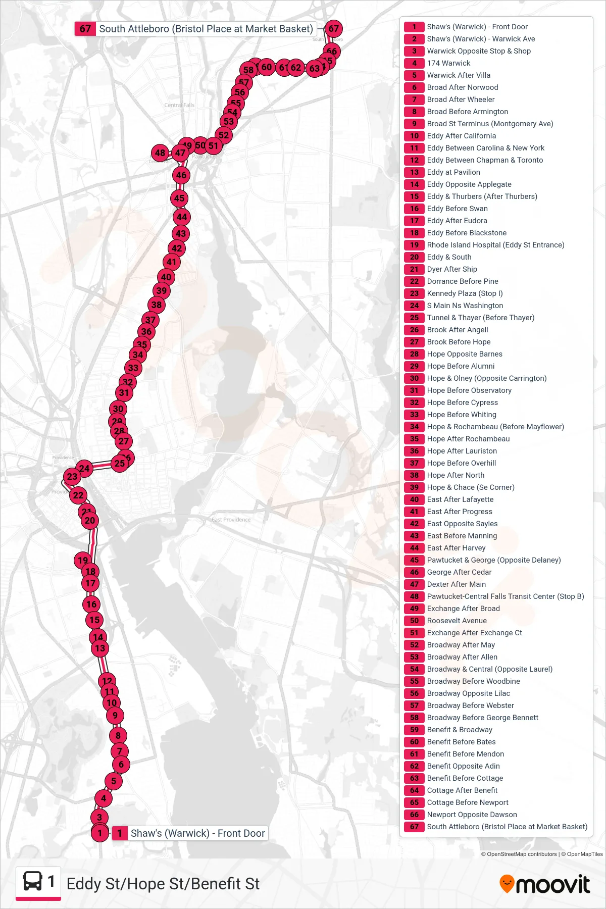 1 bus Line (South Attleboro Station Via Hope St) route and stops on a map