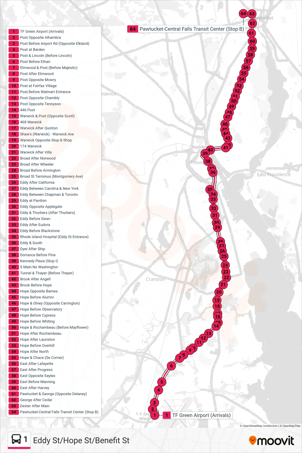 1 bus Line (Pawtucket Transit Center Via Hope St) route and stops on a map