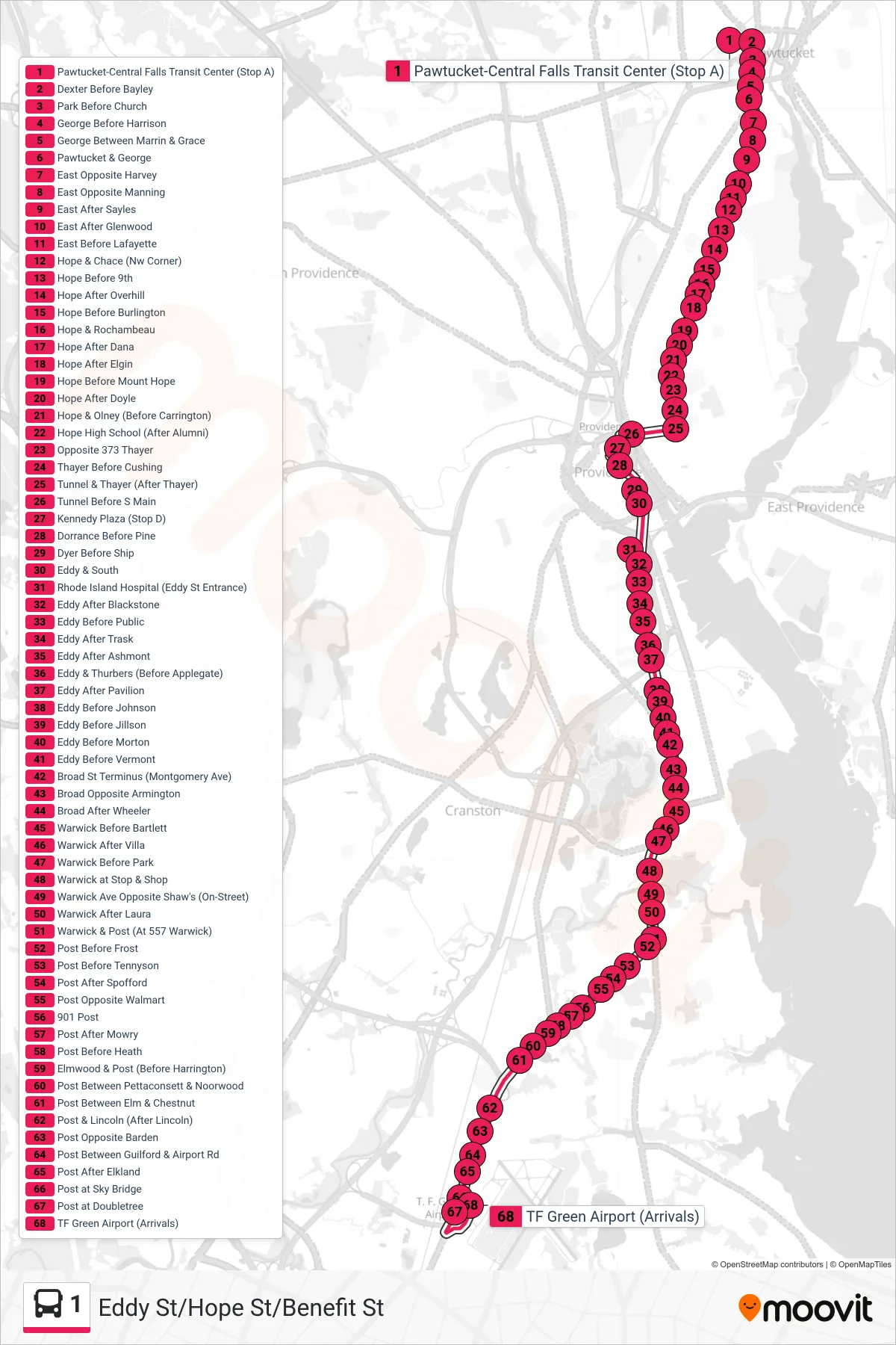1 bus Line (TF Green Airport Via Warwick Ave) route and stops on a map