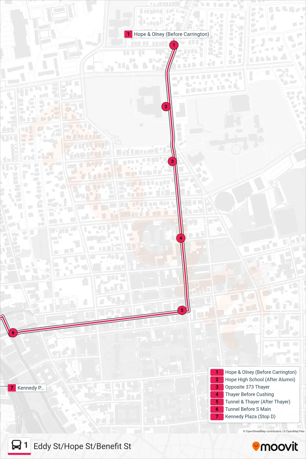 1 bus Line (Kennedy Plaza) route and stops on a map