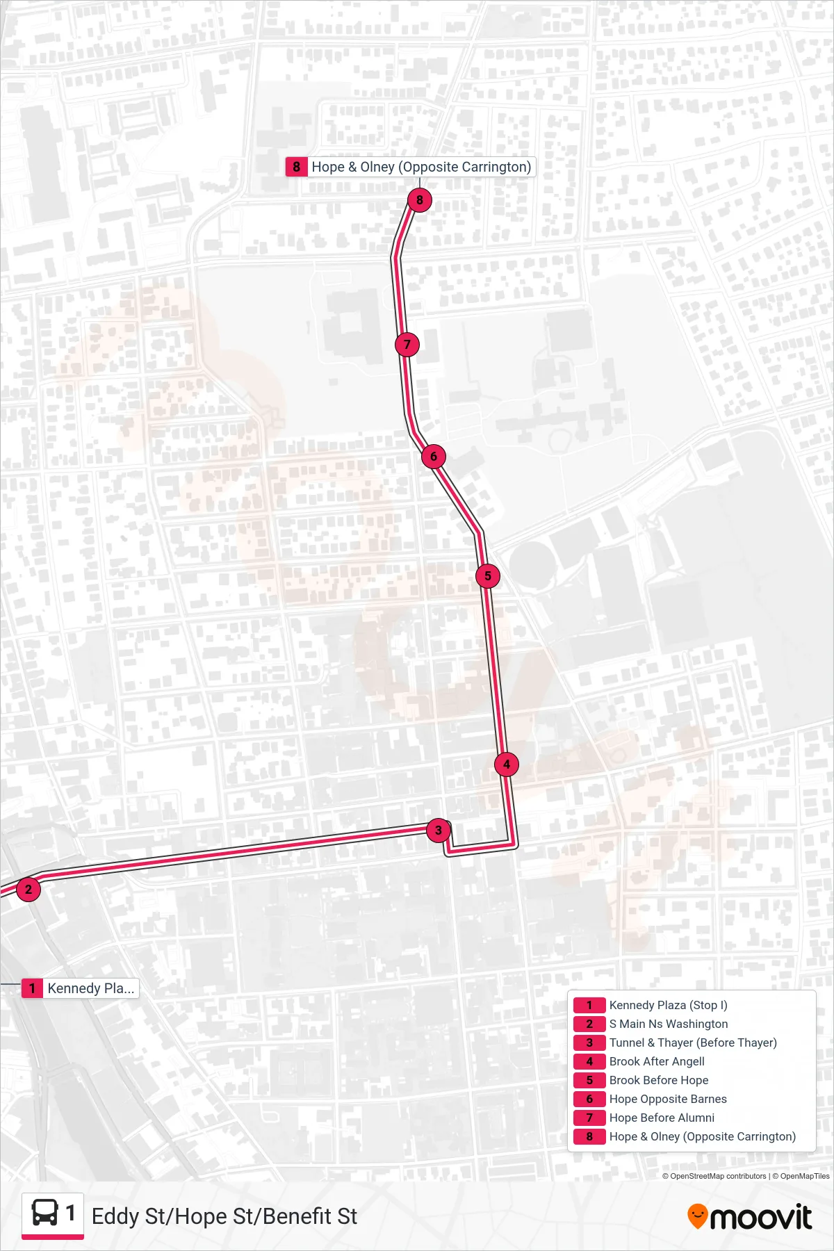 1 bus Line (Hope Hs) route and stops on a map