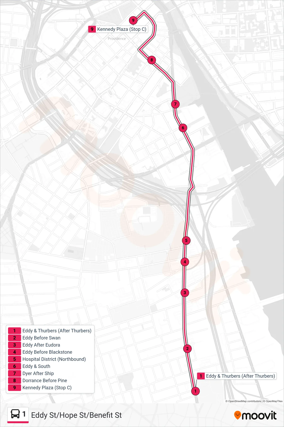 1 bus Line (Kennedy Plaza Then Roger Williams Park) route and stops on a map