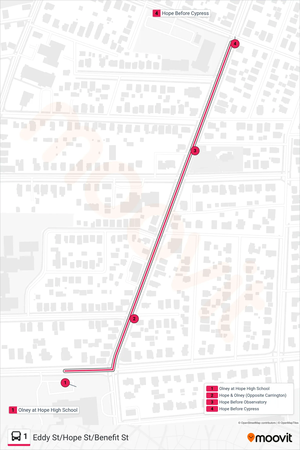 1 bus Line (Plainfield & Murray) route and stops on a map