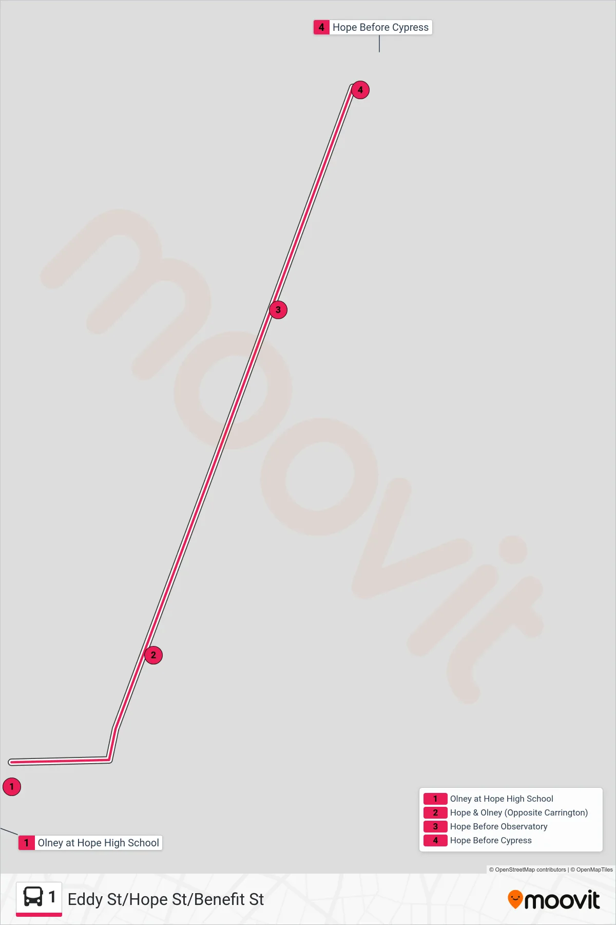 1 bus Line (Broad Street Terminal (Providence)) route and stops on a map