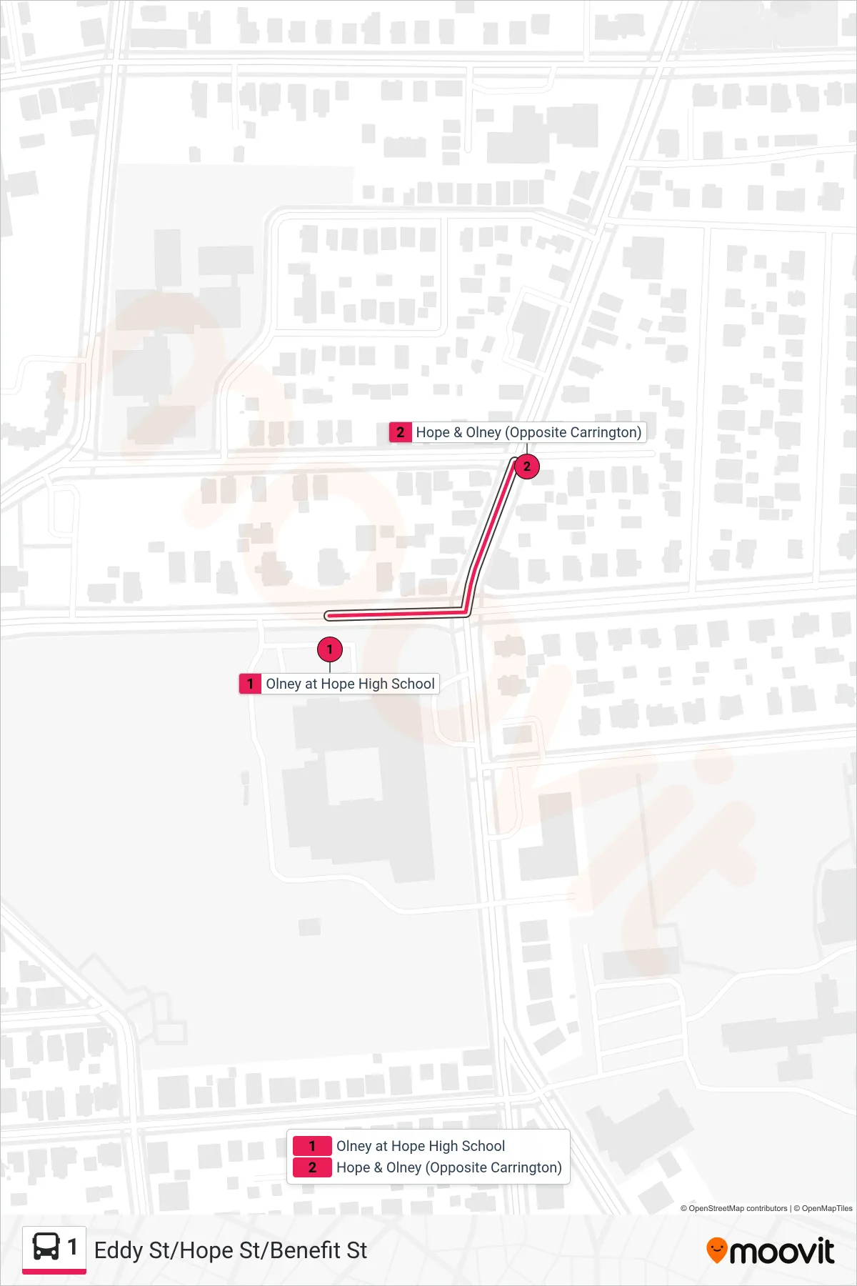 1 bus Line (Bryant University) route and stops on a map