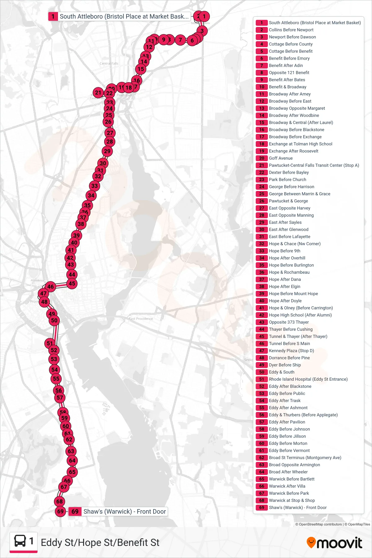 1 bus Line (Shaw's (Warwick)) route and stops on a map