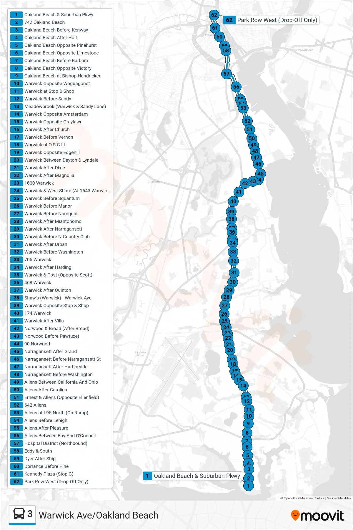 3 bus Line (Providence Station) route and stops on a map