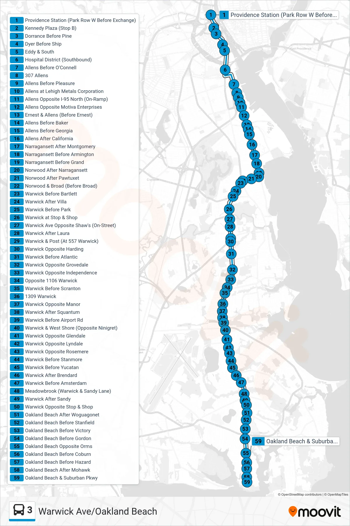 3 bus Line (Oakland Beach) route and stops on a map