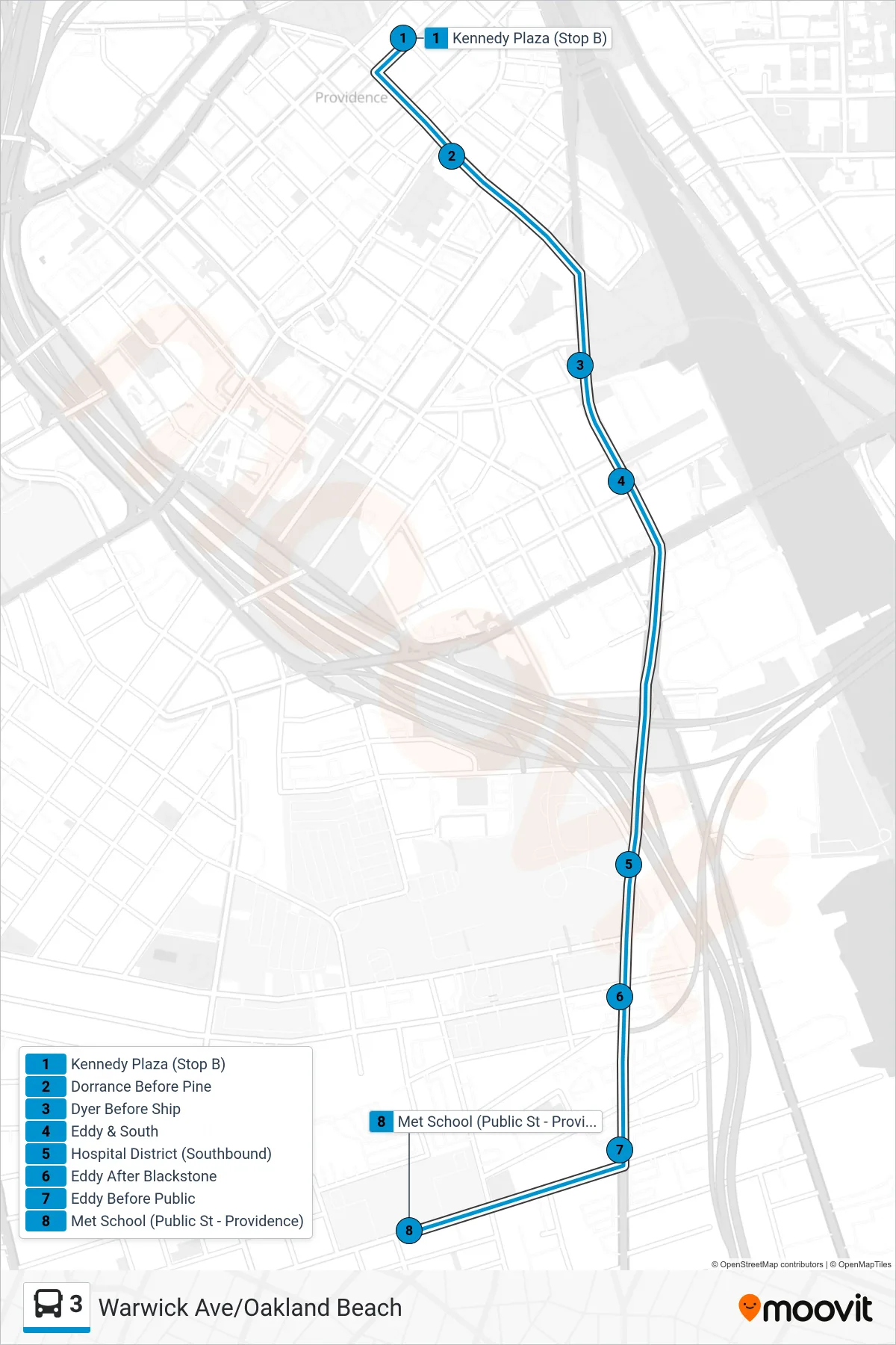 3 bus Line (The Met School) route and stops on a map