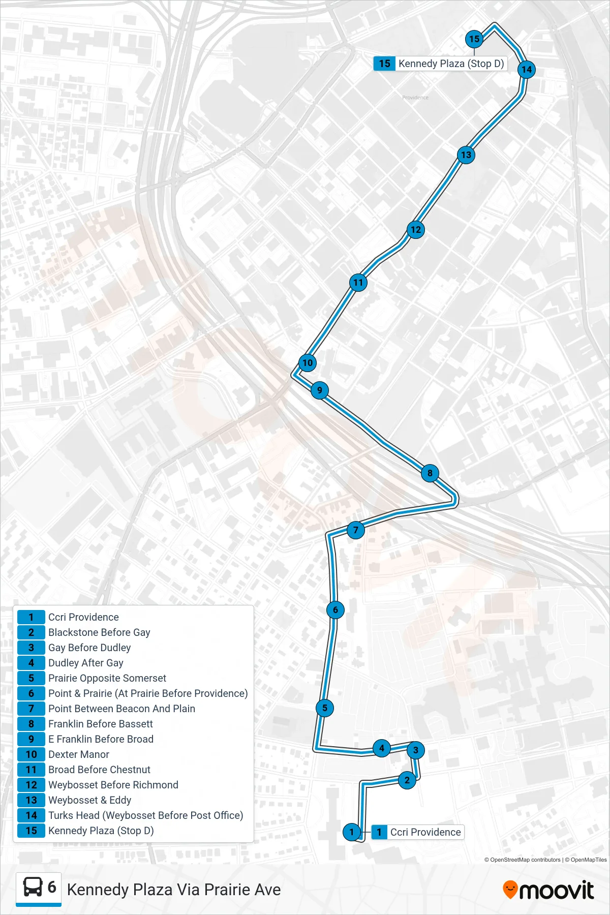 6 bus Line (Kennedy Plaza Via Prairie Ave) route and stops on a map