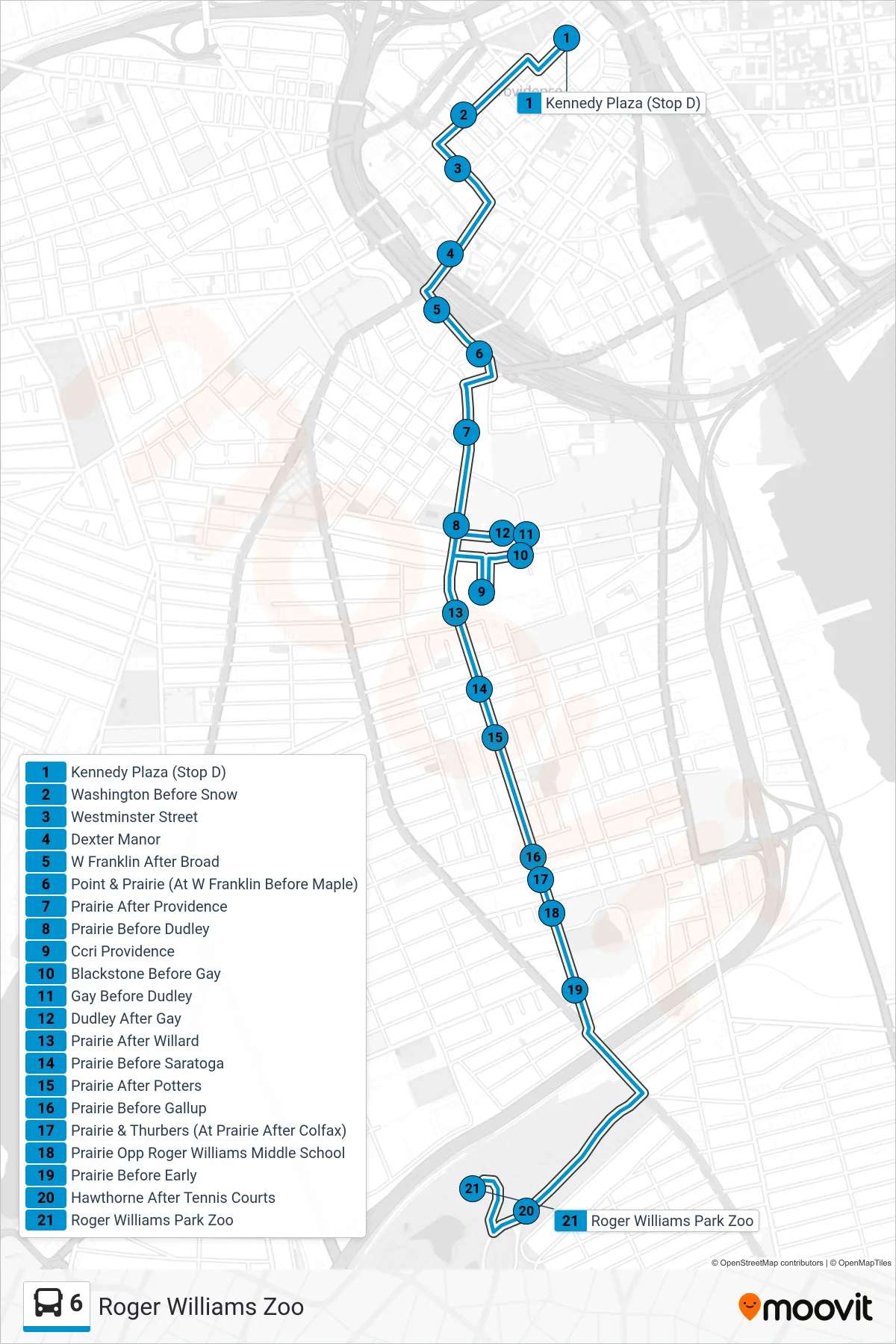 6 bus Line (Roger Williams Zoo) route and stops on a map