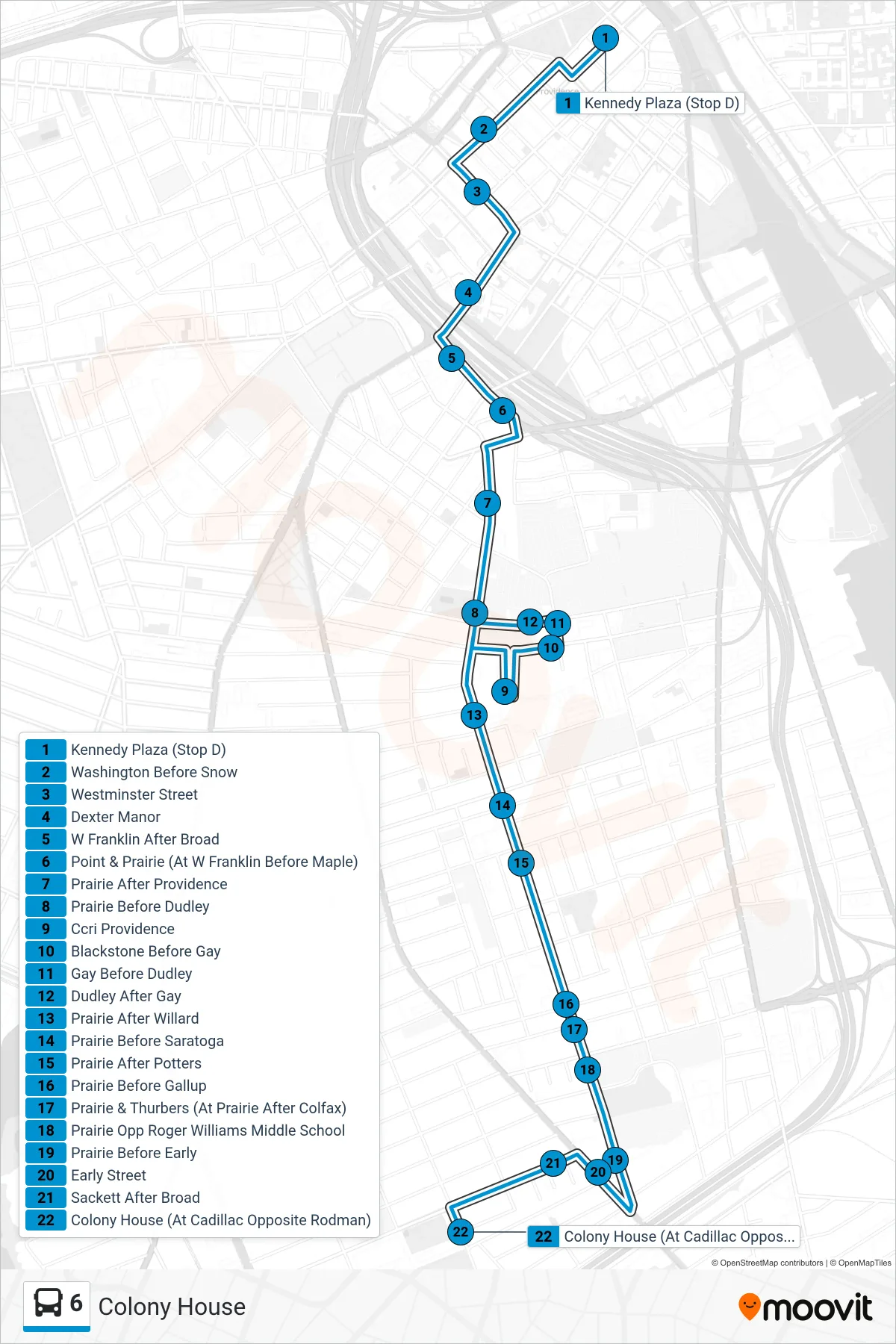 6 bus Line (Colony House) route and stops on a map