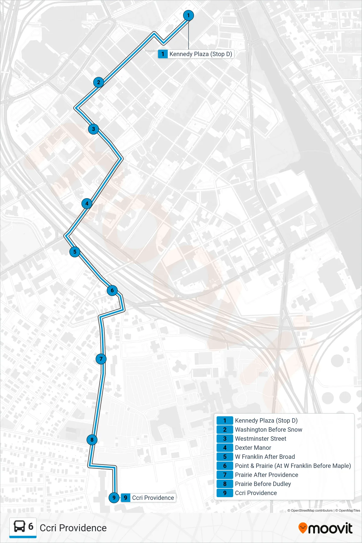 6 bus Line (Ccri Providence) route and stops on a map