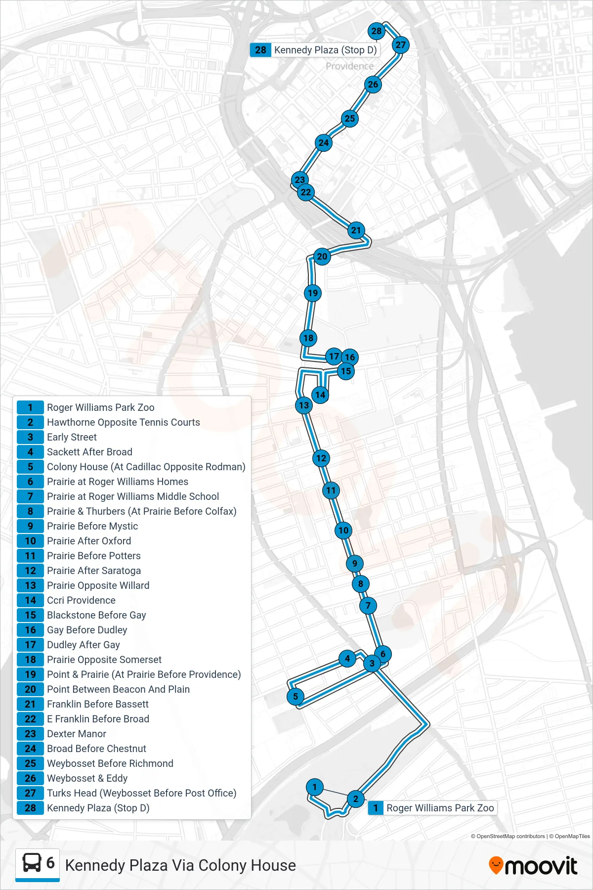 6 bus Line (Kennedy Plaza Via Colony House) route and stops on a map