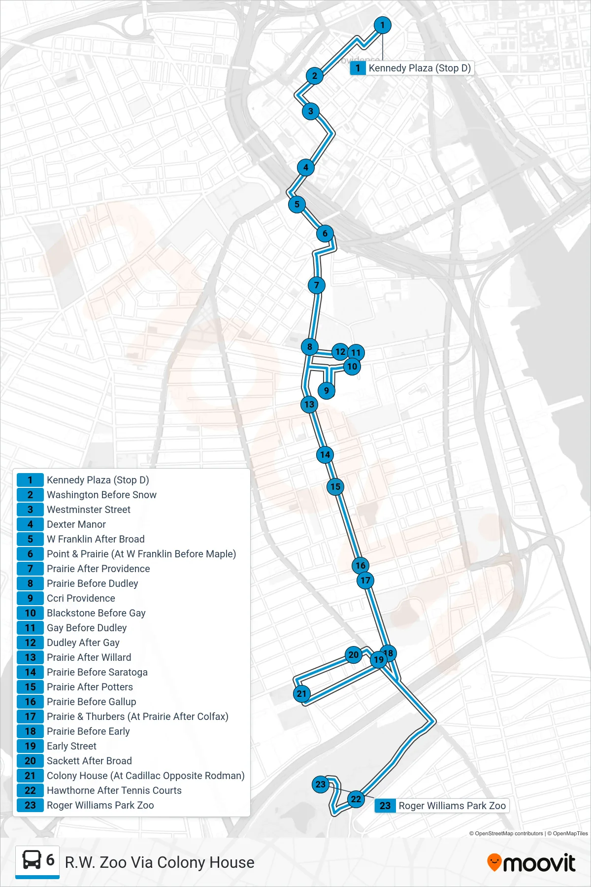 6 bus Line (R.W. Zoo Via Colony House) route and stops on a map