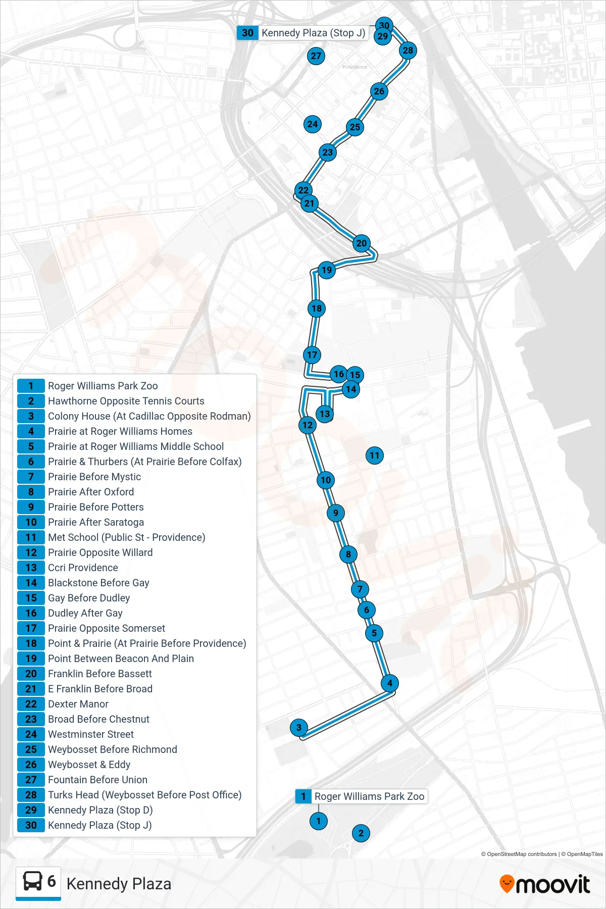 6 bus Line (Kennedy Plaza) route and stops on a map