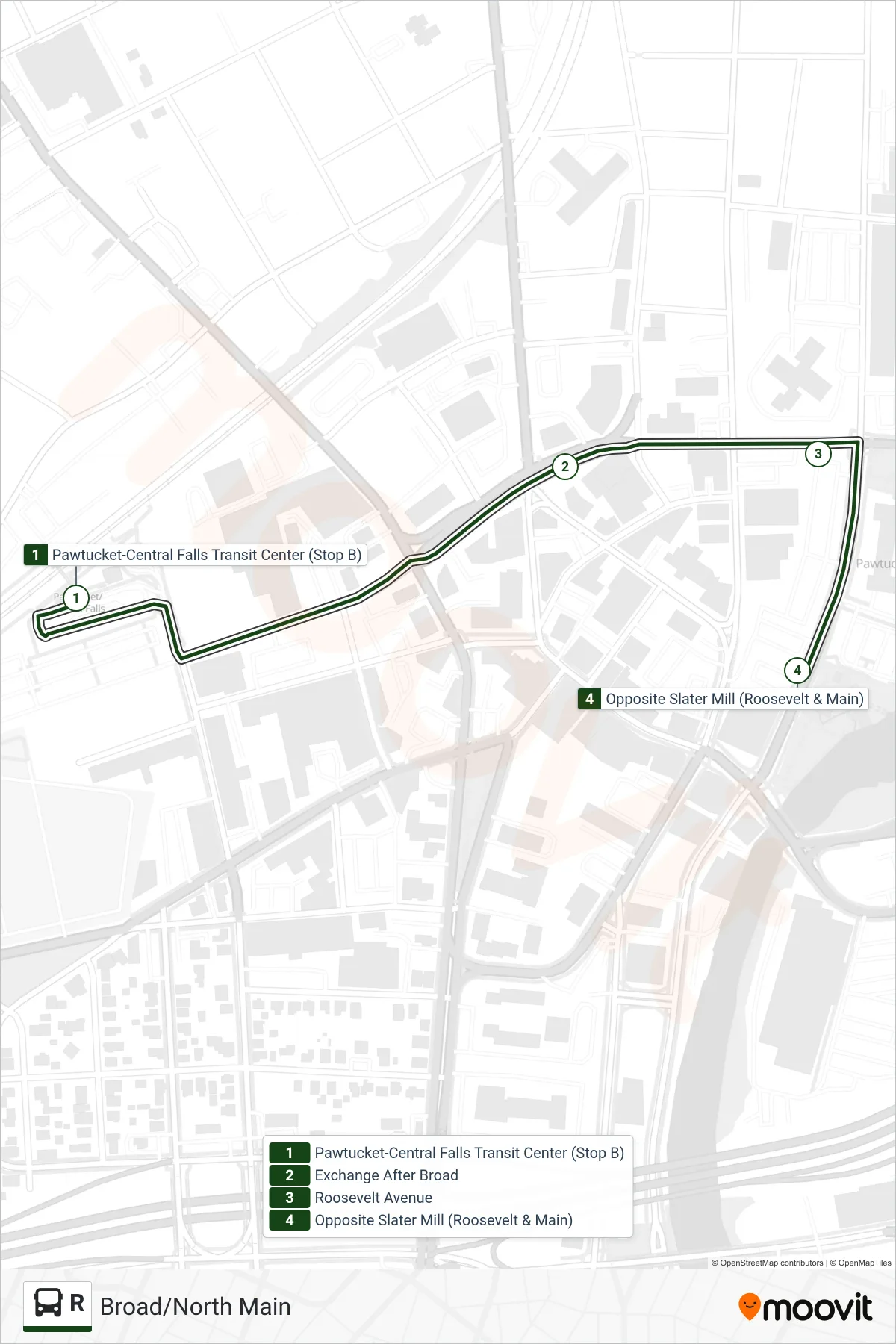 R bus Line (Pawtucket Transit Center) route and stops on a map