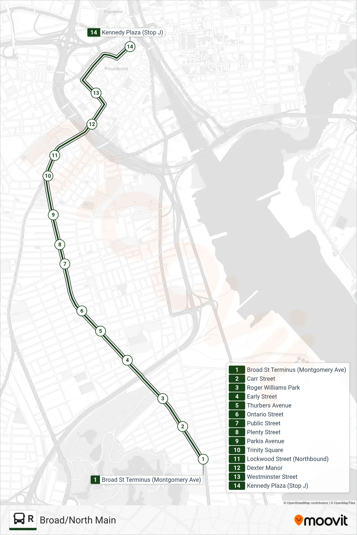 R bus Line (Kennedy Plaza Then Hope Hs) route and stops on a map