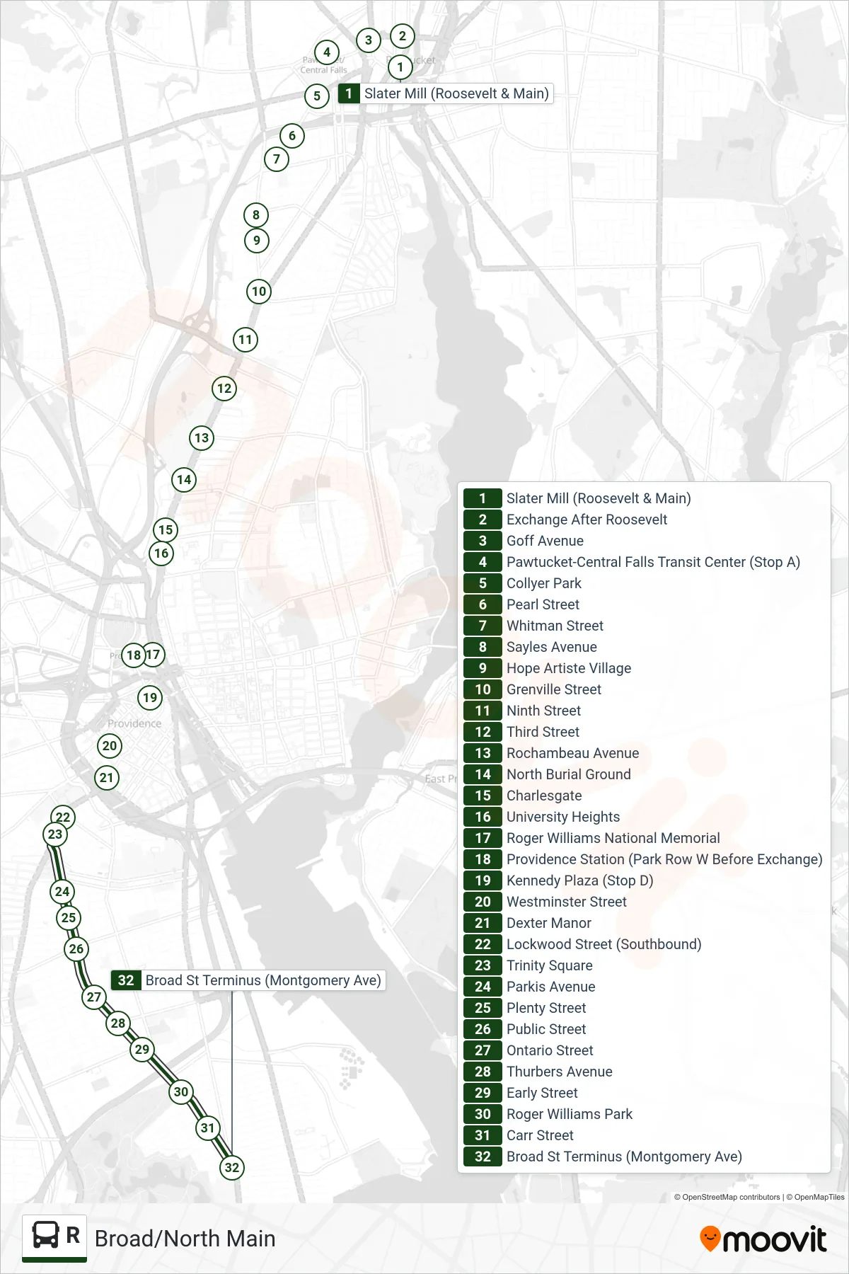 R bus Line (Broad Street Terminal (Providence)) route and stops on a map