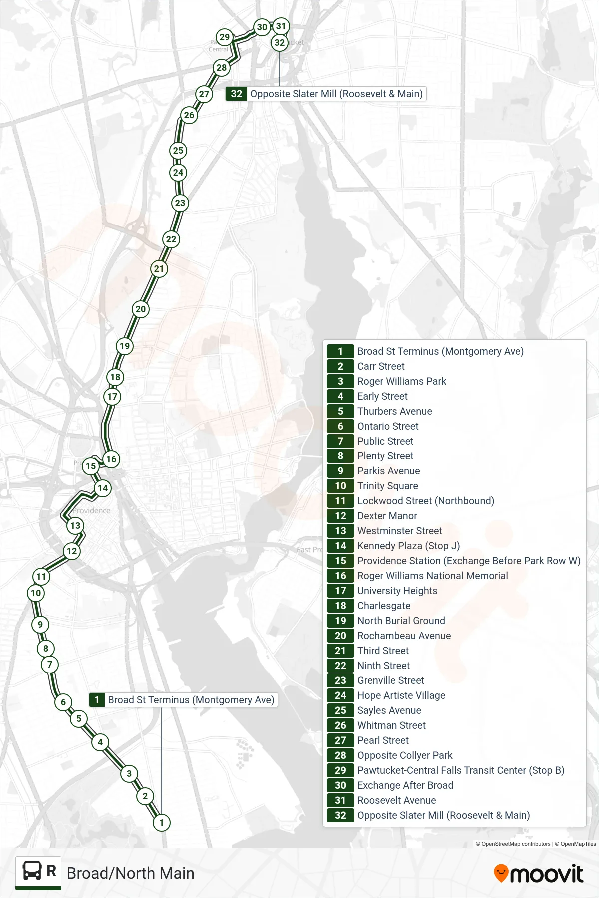 R bus Line (Slater Mill (Pawtucket)) route and stops on a map