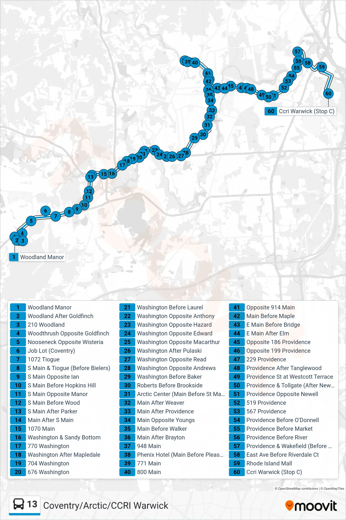 13 bus Line (Ccri Warwick) route and stops on a map