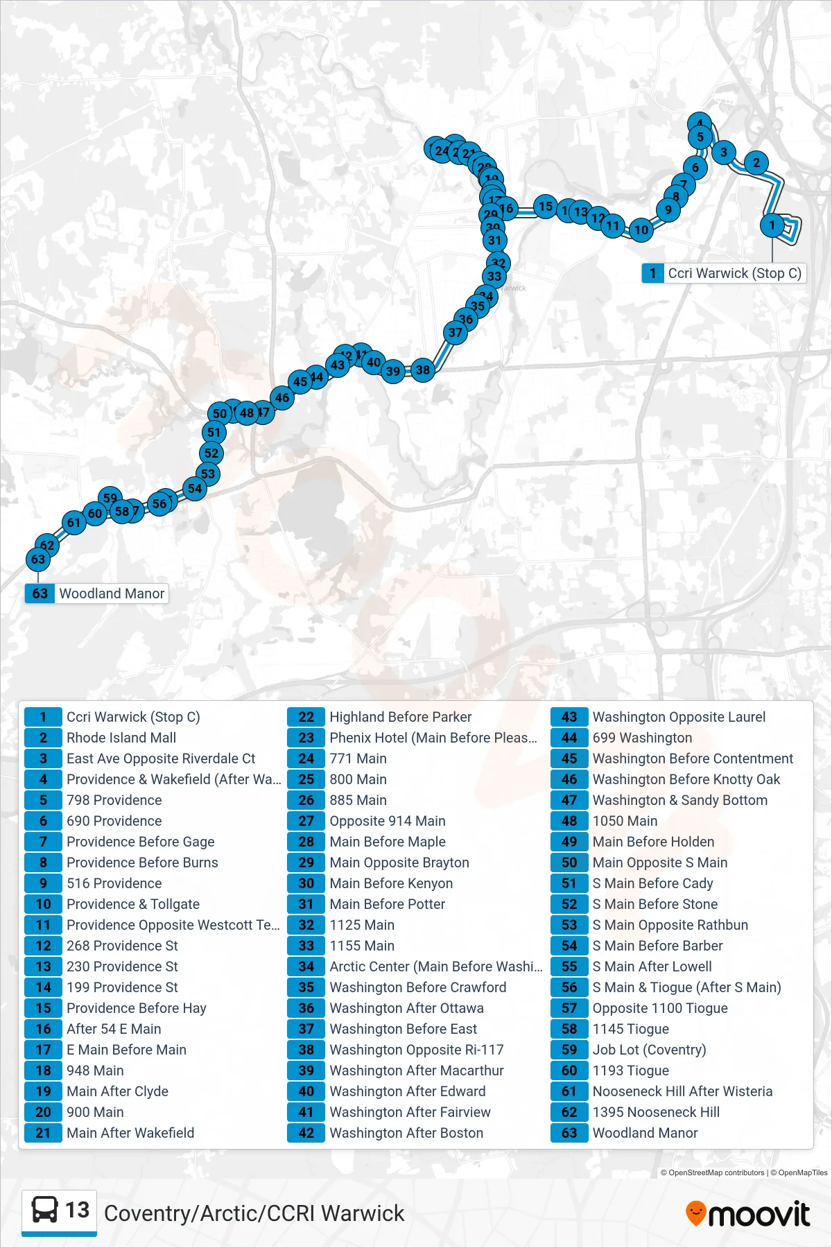 13 bus Line (Woodland Manor) route and stops on a map