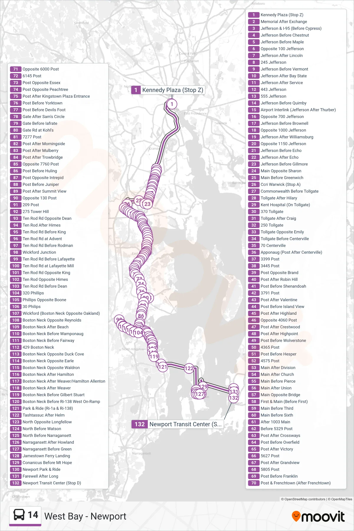 14 bus Line (Newport Via Jamestown) route and stops on a map