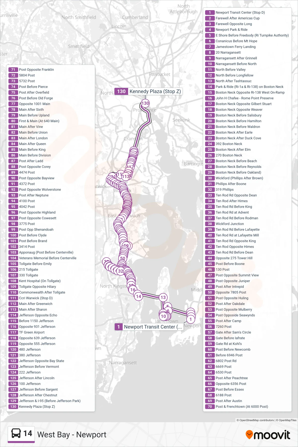 14 bus Line (Providence Via Jamestown) route and stops on a map