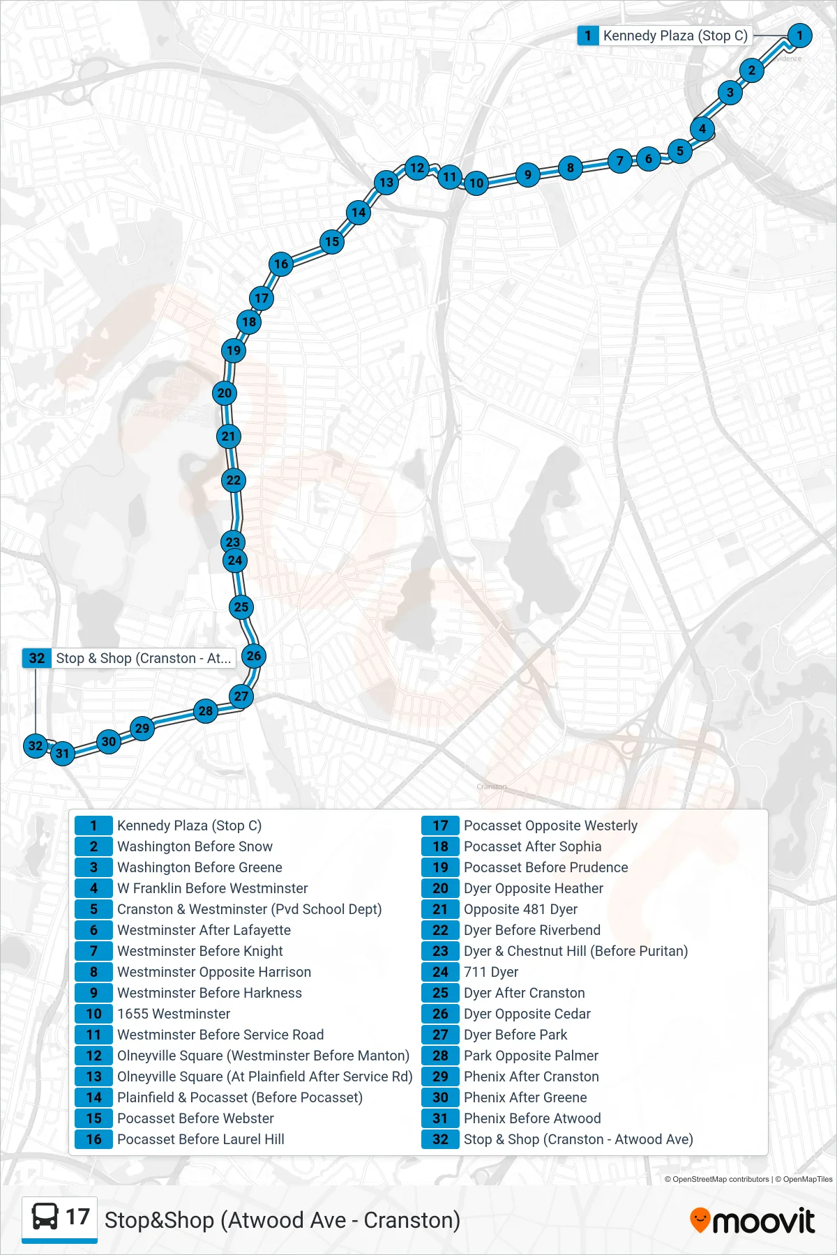 17 bus Line (Stop&Shop (Atwood Ave - Cranston)) route and stops on a map