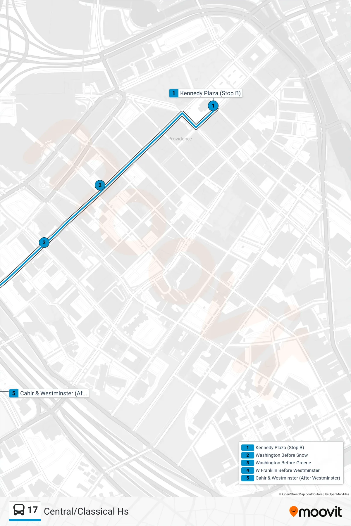 17 bus Line (Central/Classical Hs) route and stops on a map