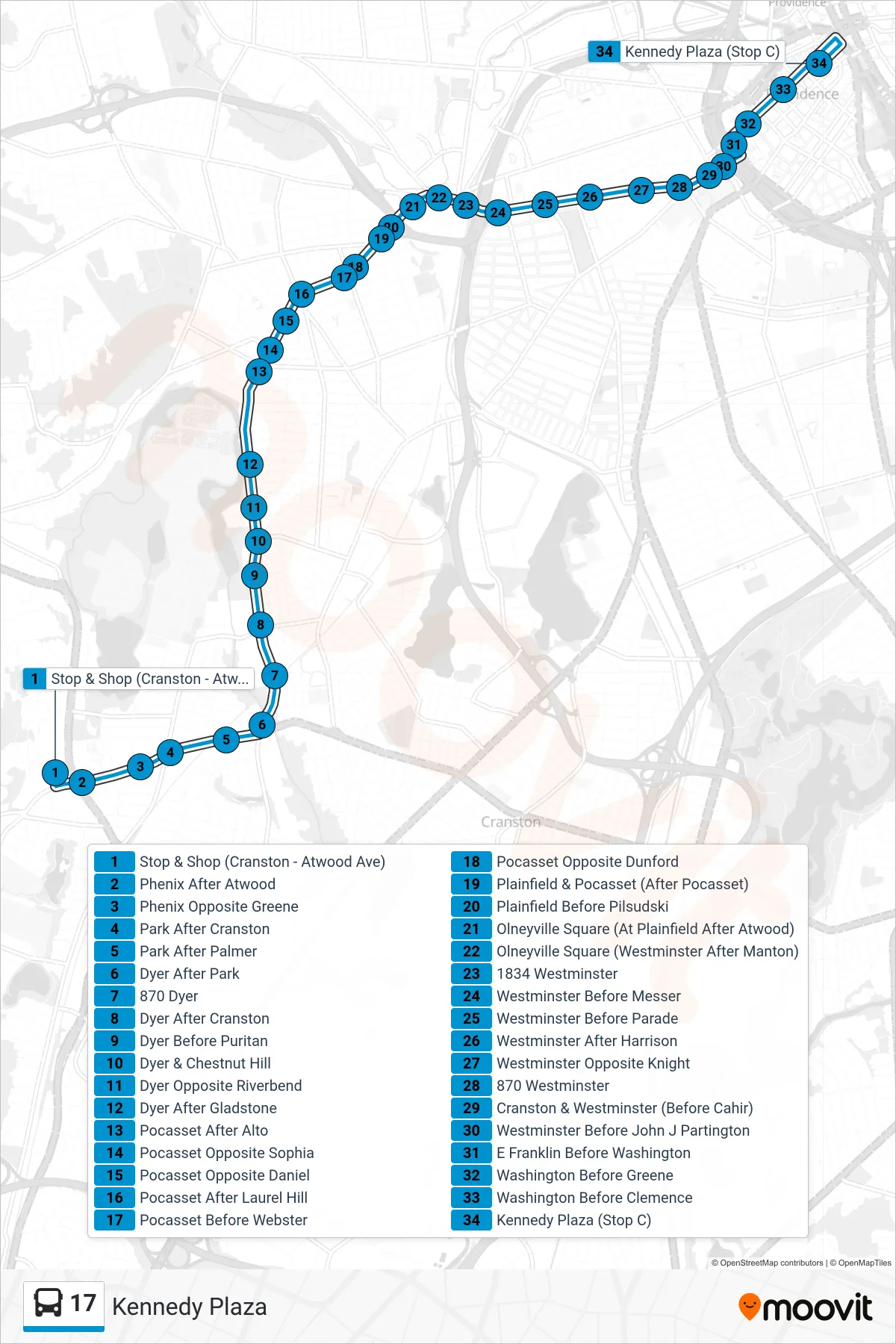 17 bus Line (Kennedy Plaza) route and stops on a map