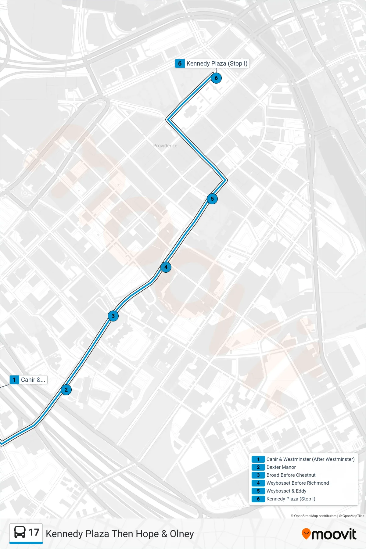 17 bus Line (Kennedy Plaza Then Hope & Olney) route and stops on a map