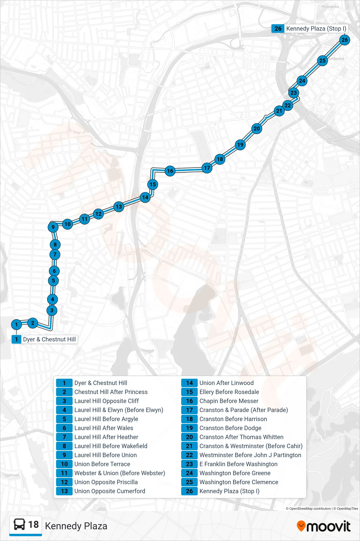 18 bus Line (Kennedy Plaza) route and stops on a map