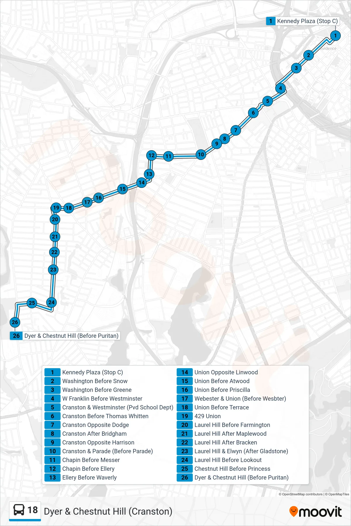 18 bus Line (Dyer & Chestnut Hill (Cranston)) route and stops on a map