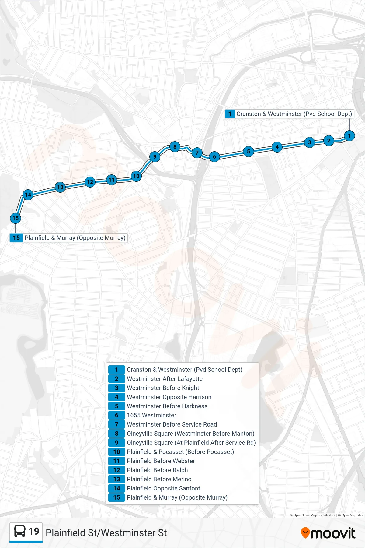 19 bus Line (Plainfield & Murray) route and stops on a map