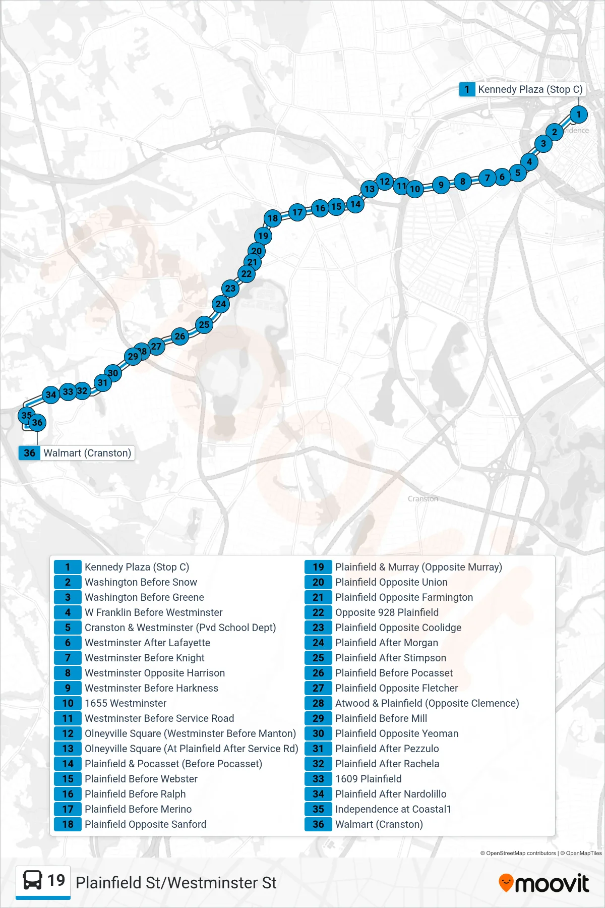 19 bus Line (Walmart (Cranston)) route and stops on a map