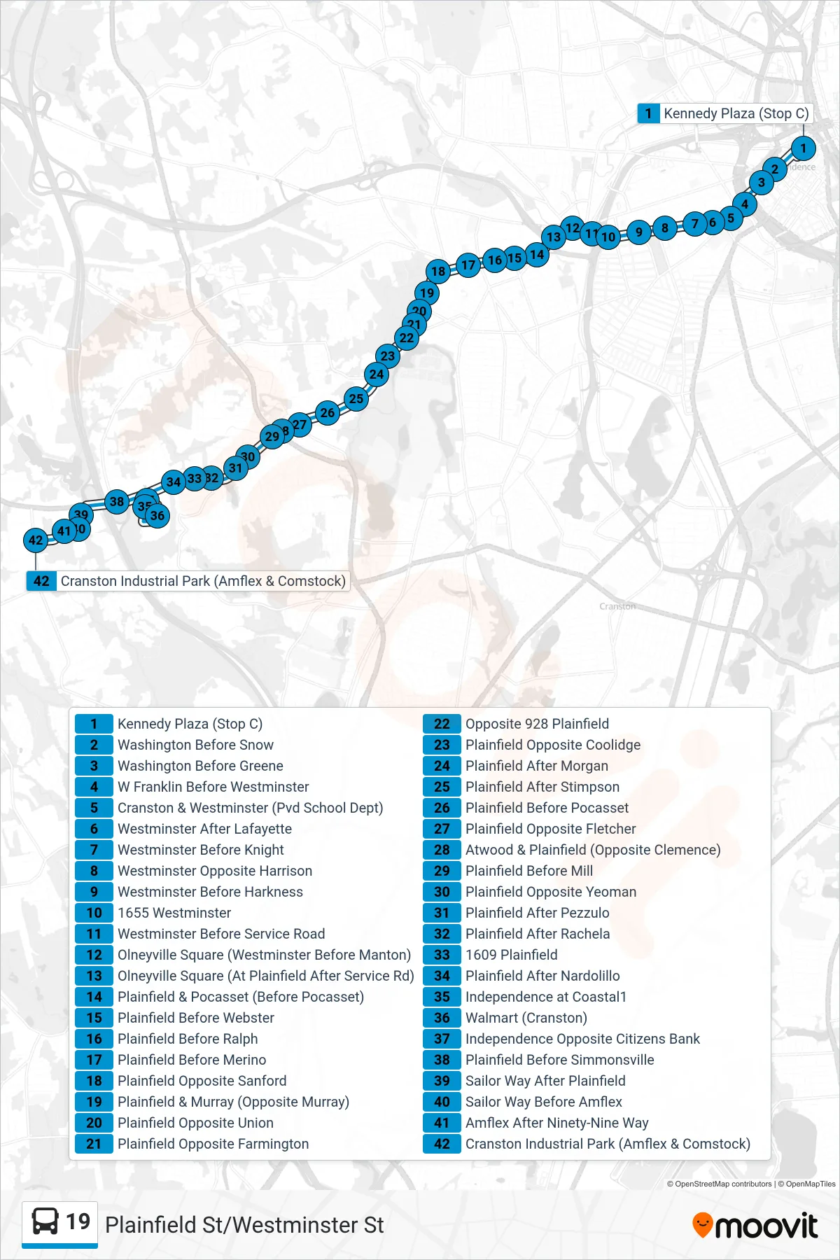 19 bus Line (Cranston Industrial Park) route and stops on a map