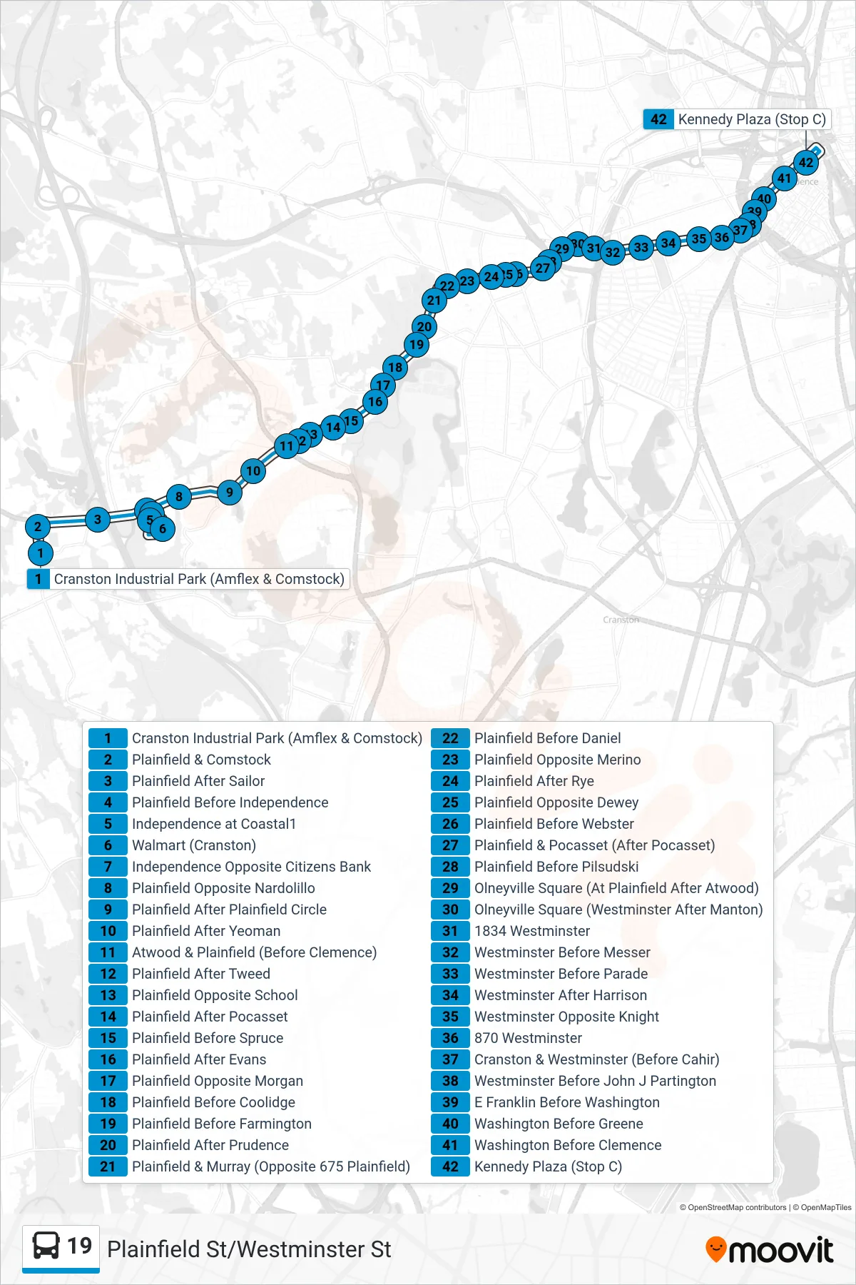 19 bus Line (Kennedy Plaza) route and stops on a map