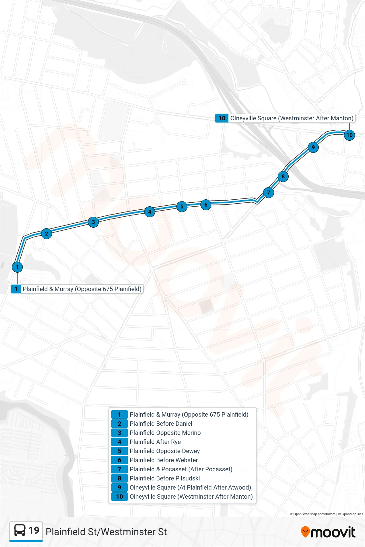 19 bus Line (Olneyville Sq Then Mt Pleasant Hs) route and stops on a map