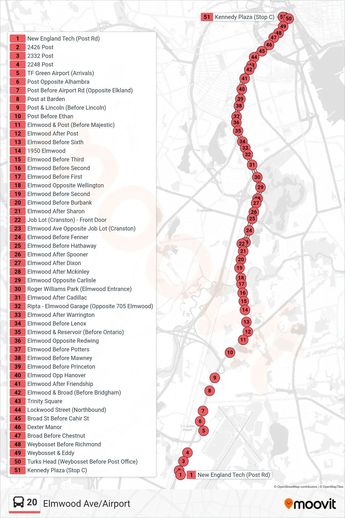 20 bus Line (Kennedy Plaza Via Elmwood Ave) route and stops on a map