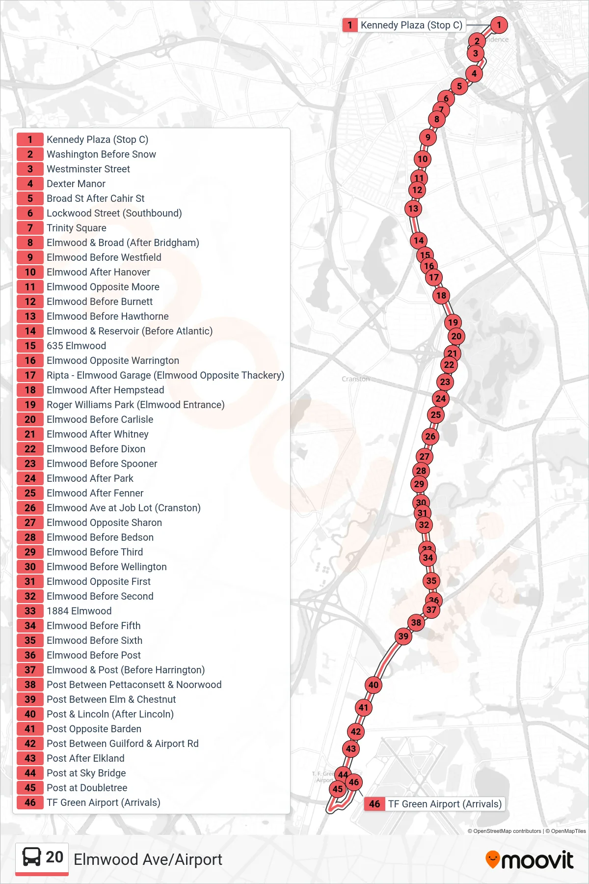 20 bus Line (TF Green Airport Via Elmwood Ave) route and stops on a map