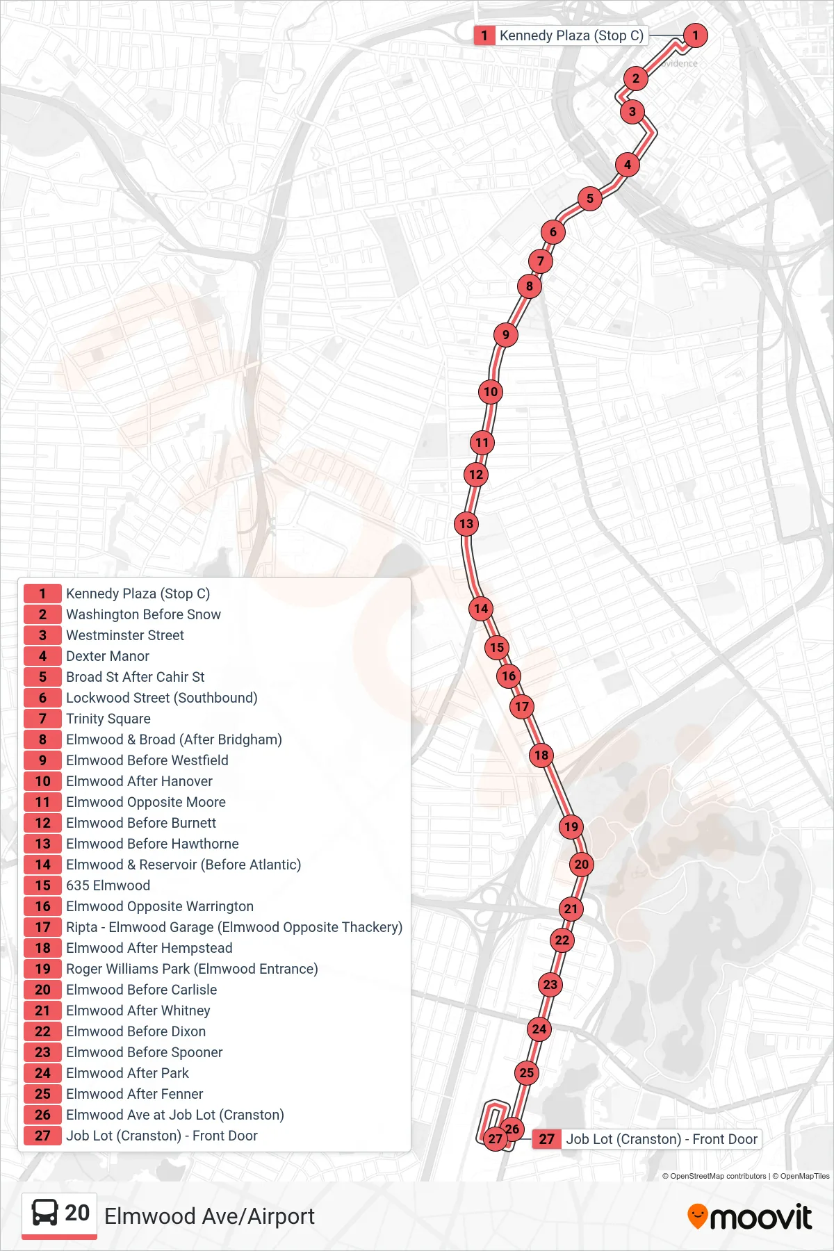 20 bus Line (Job Lot (Elmwood Ave - Cranston)) route and stops on a map