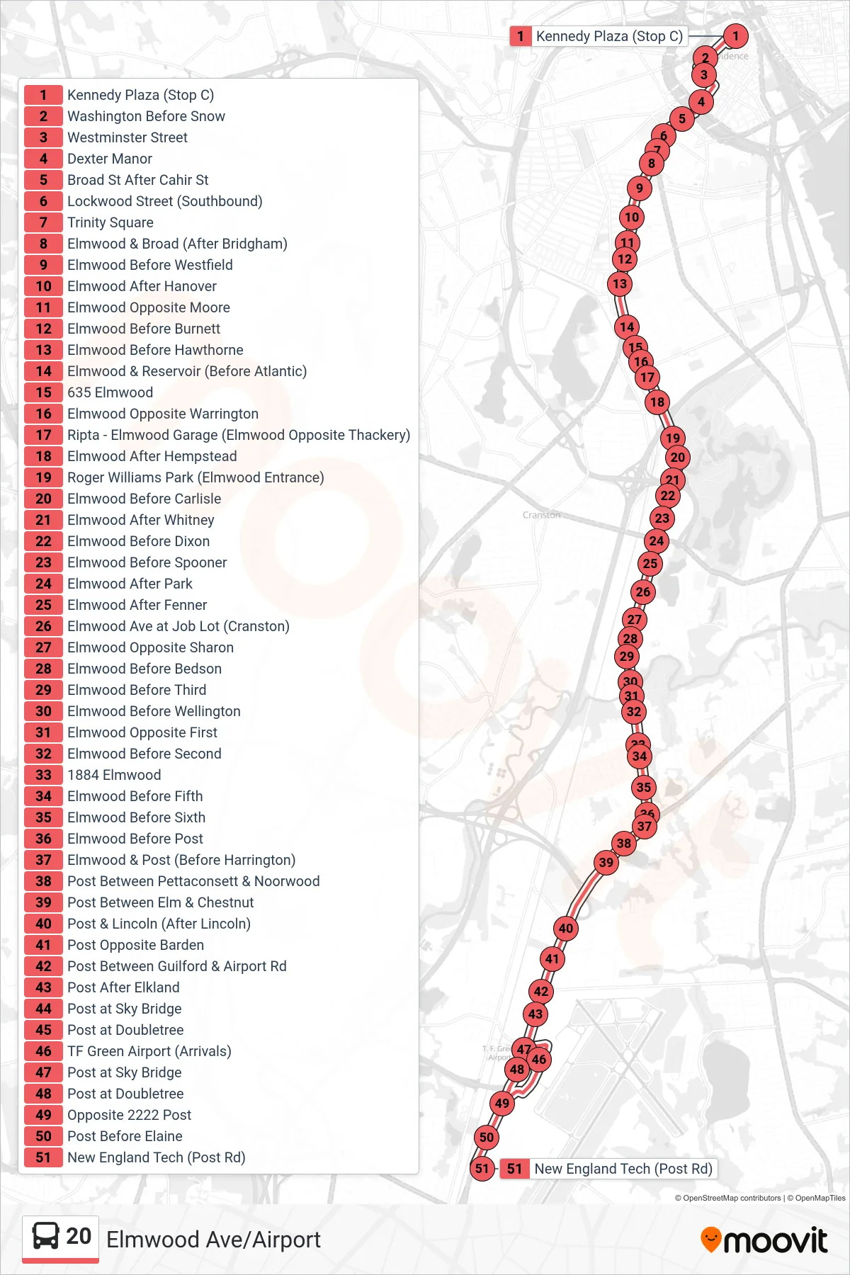 20 bus Line (New England Tech (Post Rd)) route and stops on a map
