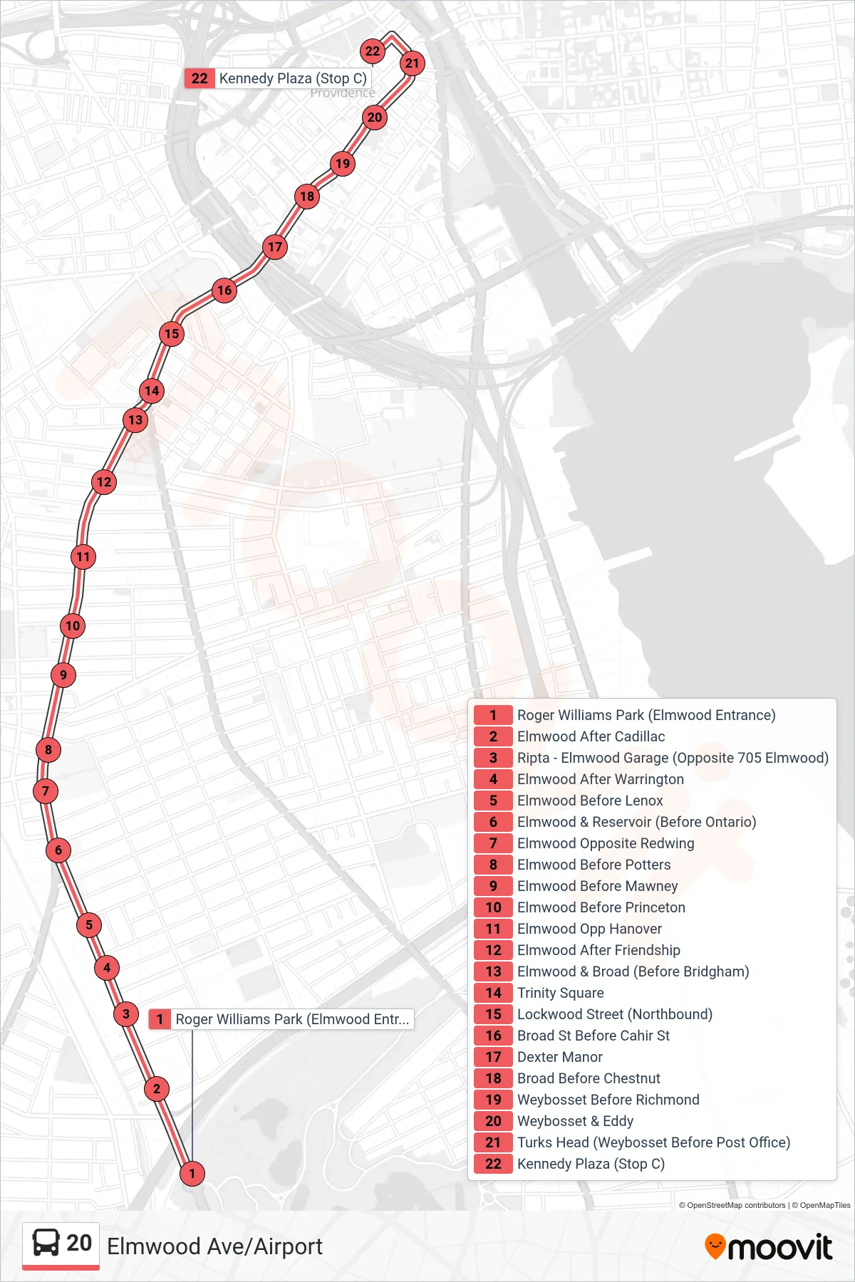 20 bus Line (Kennedy Plaza) route and stops on a map