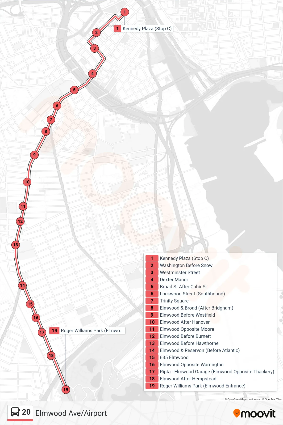 20 bus Line (Roger Williams Park) route and stops on a map
