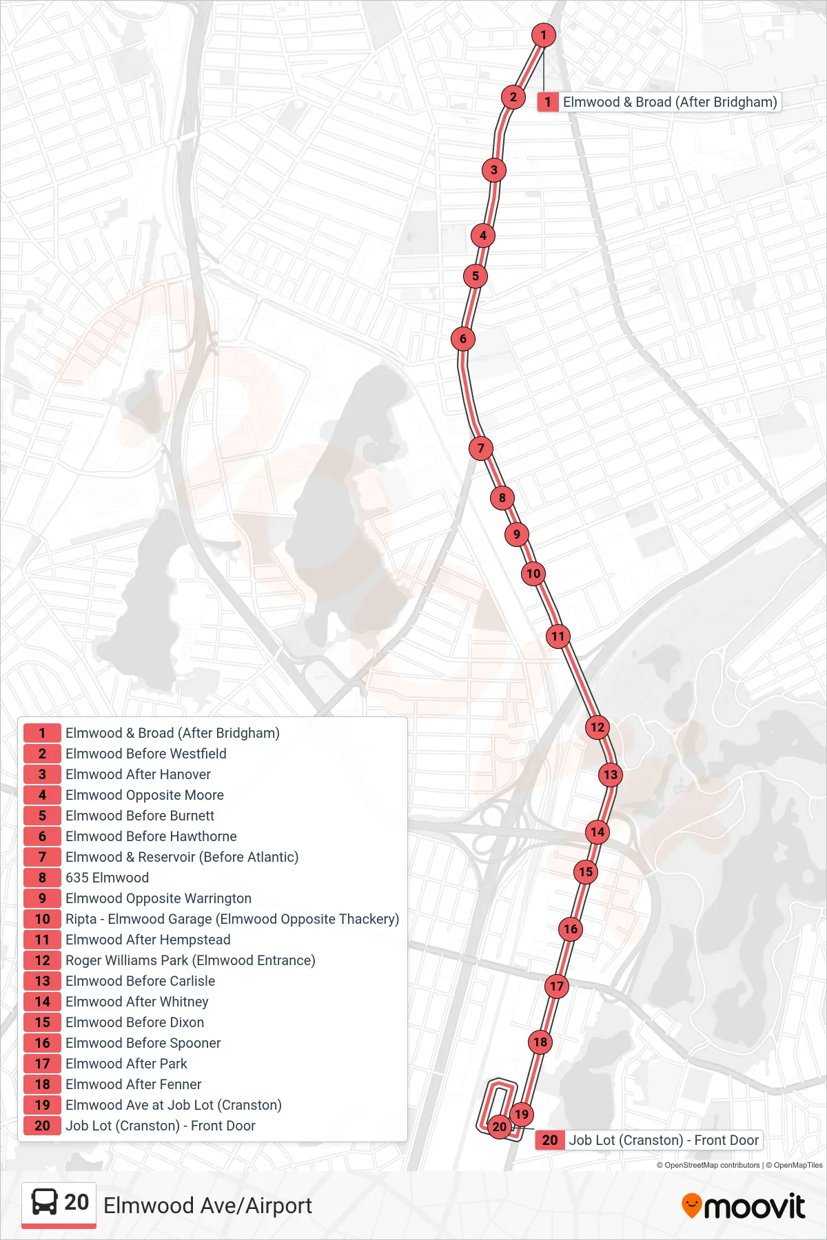 20 bus Line (Job Lot (Cranston)) route and stops on a map