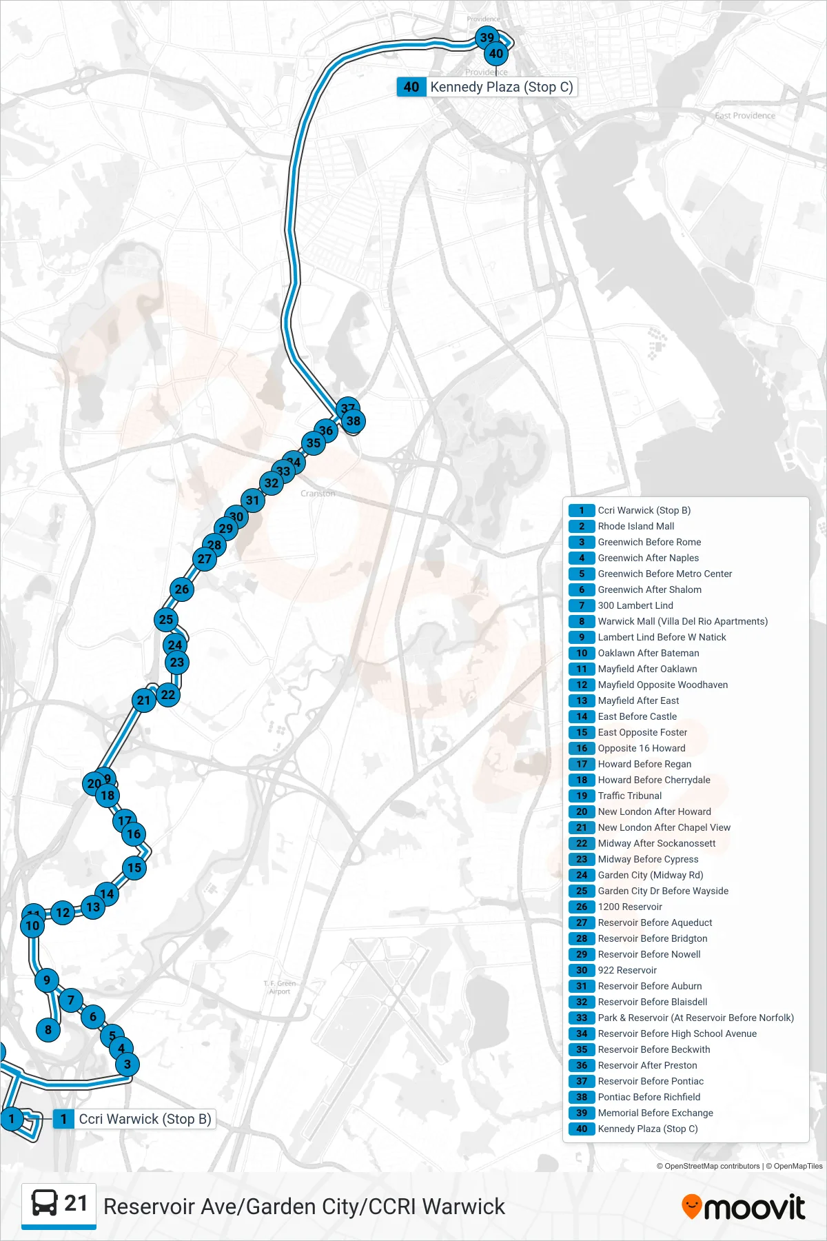 21 bus Line (Kennedy Plaza Via Reservoir Ave) route and stops on a map