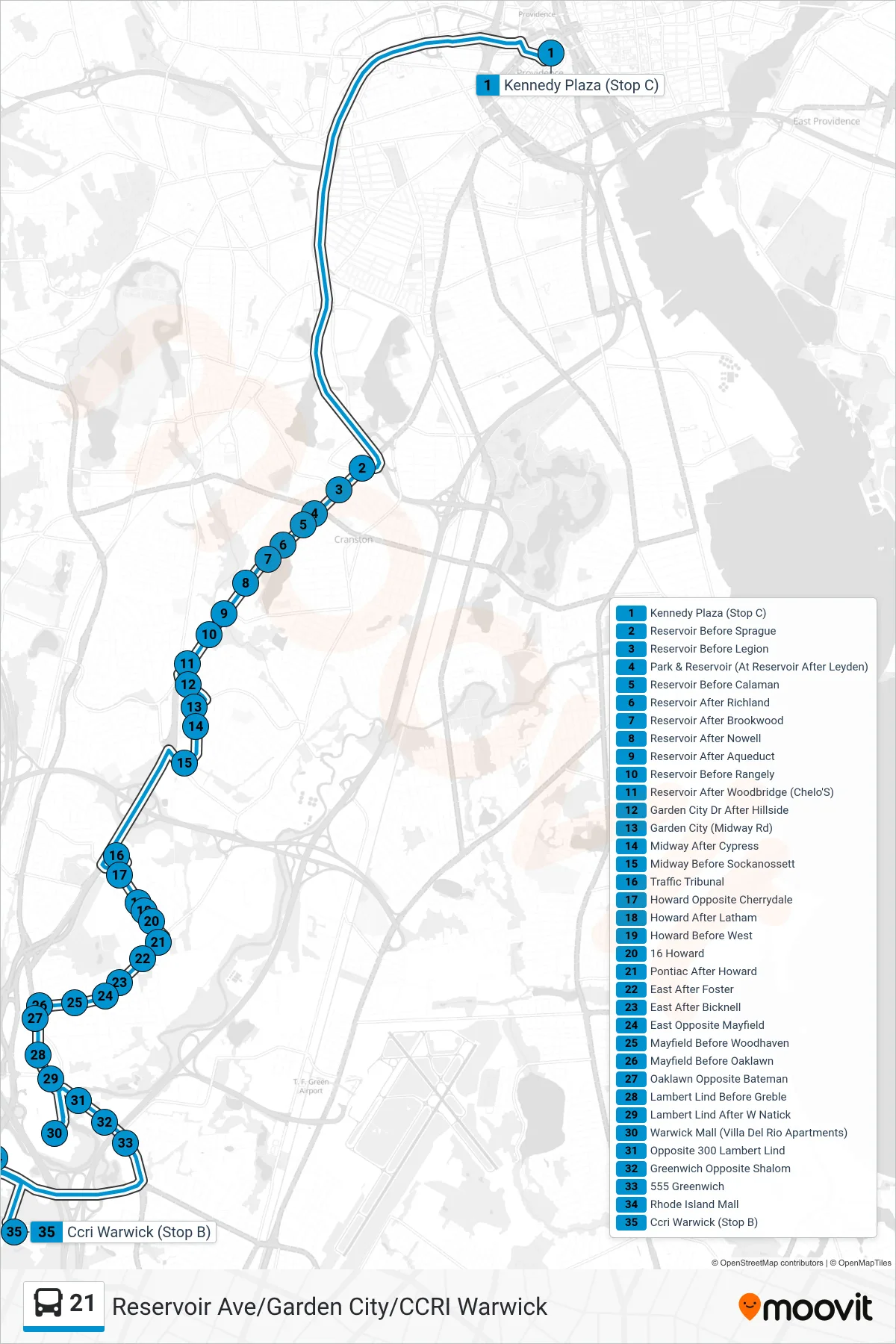 21 bus Line (Ccri Warwick Via Reservoir Ave) route and stops on a map