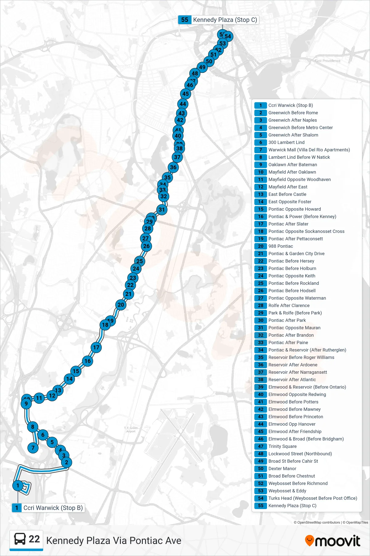 22 bus Line (Kennedy Plaza Via Pontiac Ave) route and stops on a map