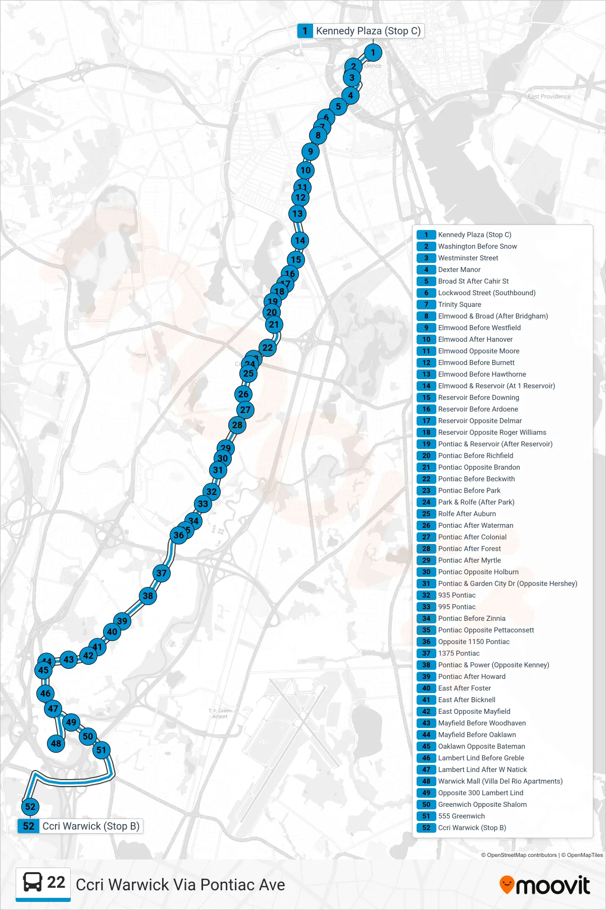 22 bus Line (Ccri Warwick Via Pontiac Ave) route and stops on a map